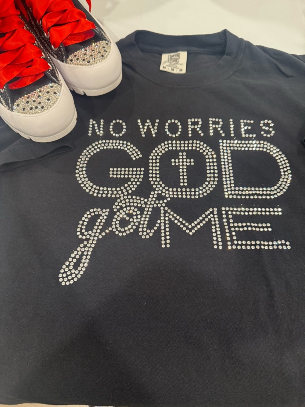 Comfort Colors Black Short Sleeve Tee with Rhinestone "No Worries God Game"